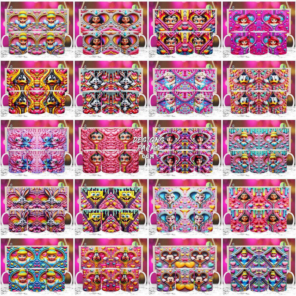 Vibrant Disney character apron designs with heart patterns, perfect for DTF/DTG printing and embroidery projects.