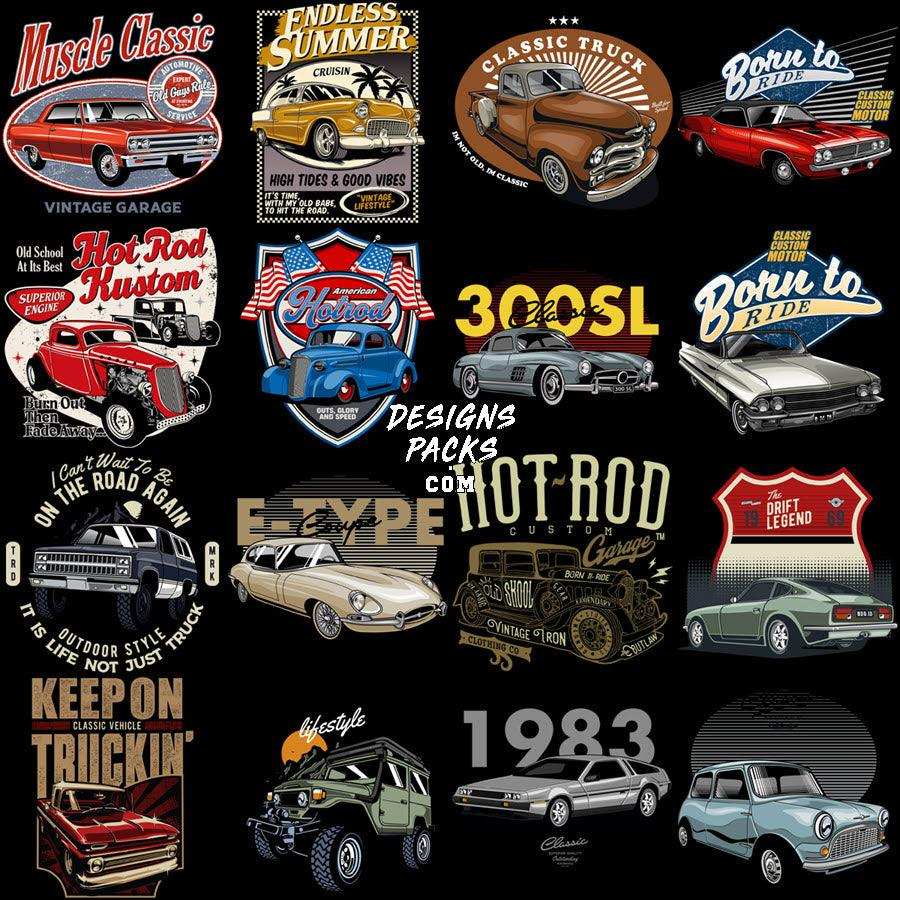 Vintage car designs for DTF, DTG, and embroidery with classic hot rod and truck themes