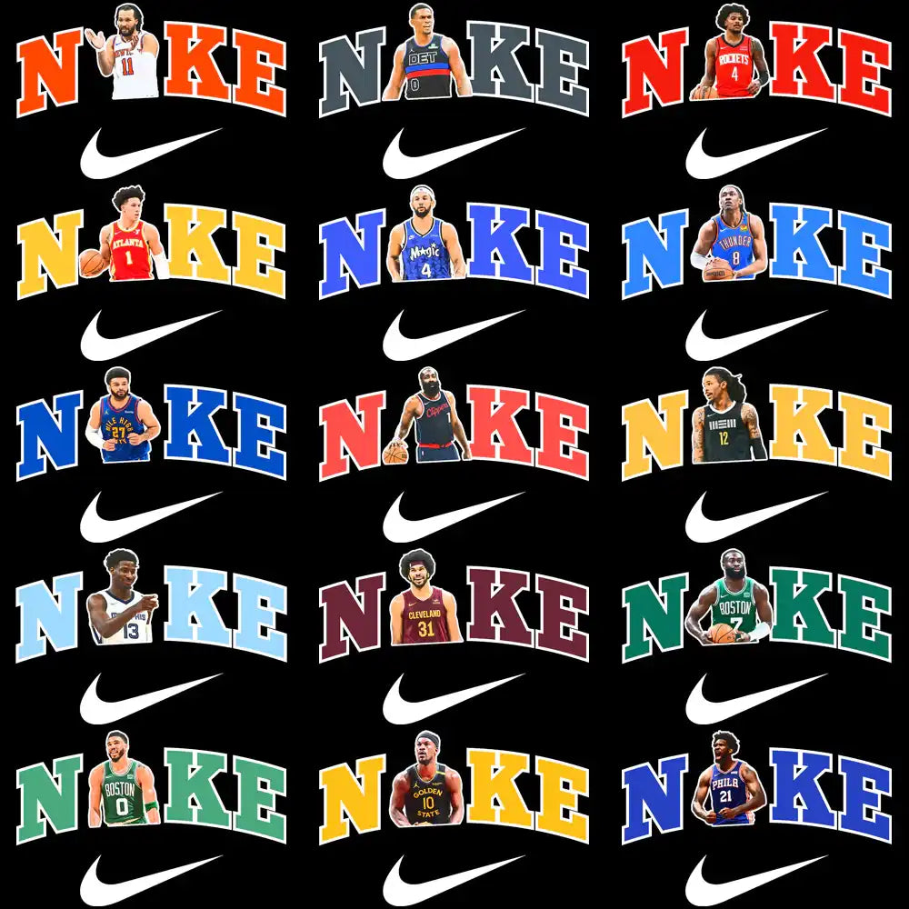 Basketball player designs with Nike logos, colorful team-themed graphics for DTF/DTG printing