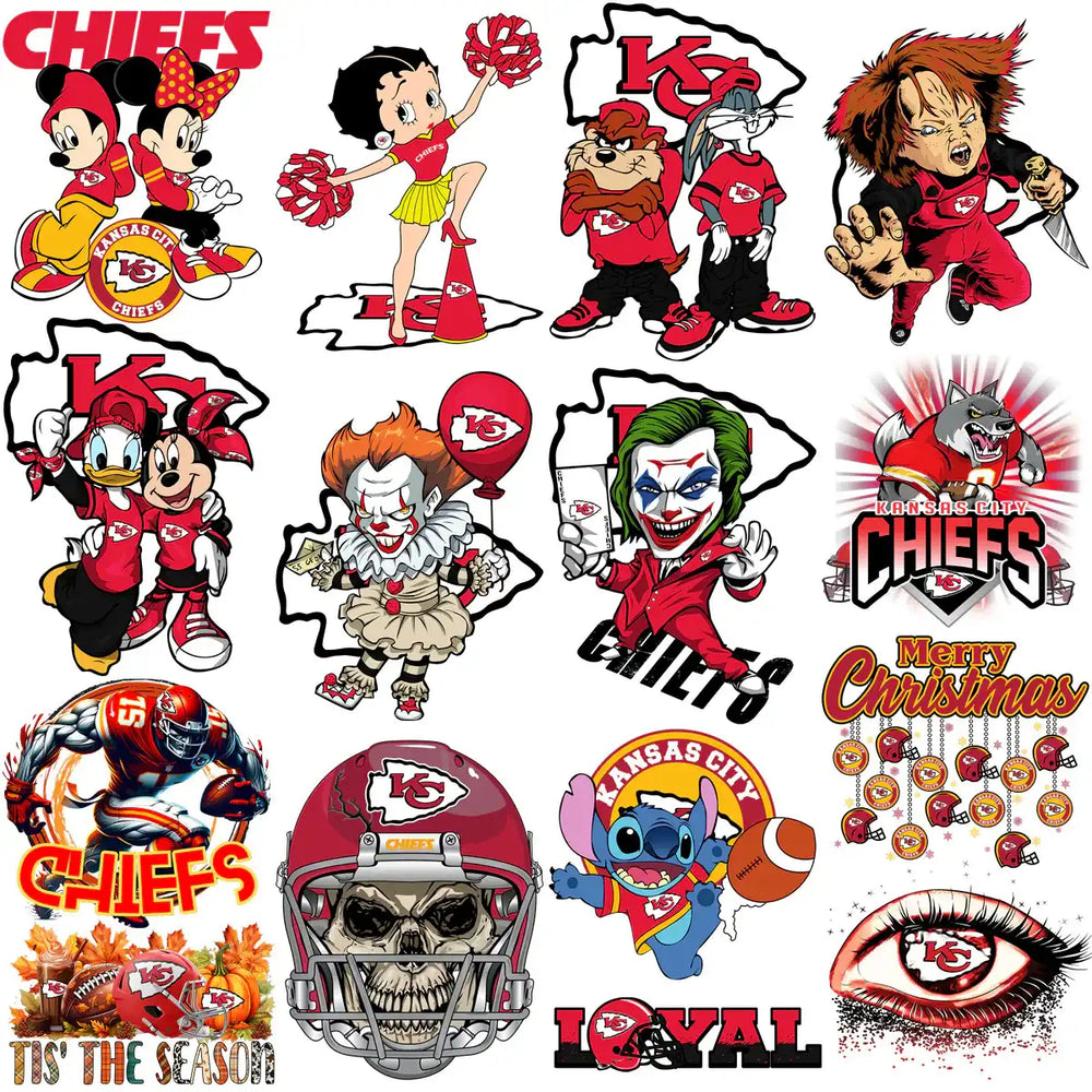 Kansas City Chiefs-themed designs featuring cartoon characters, festive art, and team logos for DTF/DTG printing.
