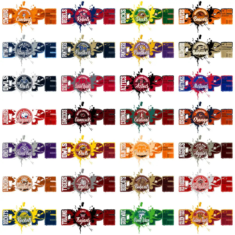 College sports team logos with 'DOPE' text, paint splatter designs, print-ready for DTF DTG embroidery
