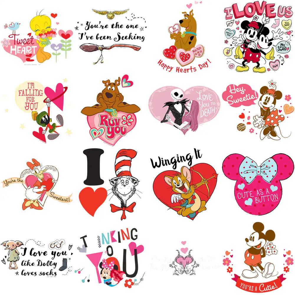 Valentine's Day designs featuring cartoon characters, hearts, and romantic quotes for DTF/DTG printing