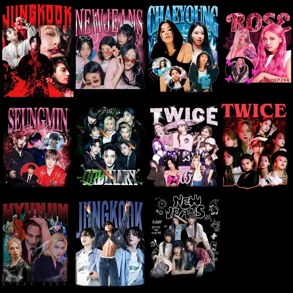 K-pop group designs for DTF/DTG, embroidery, and tumbler wraps featuring Jungkook, NewJeans, TWICE, and more