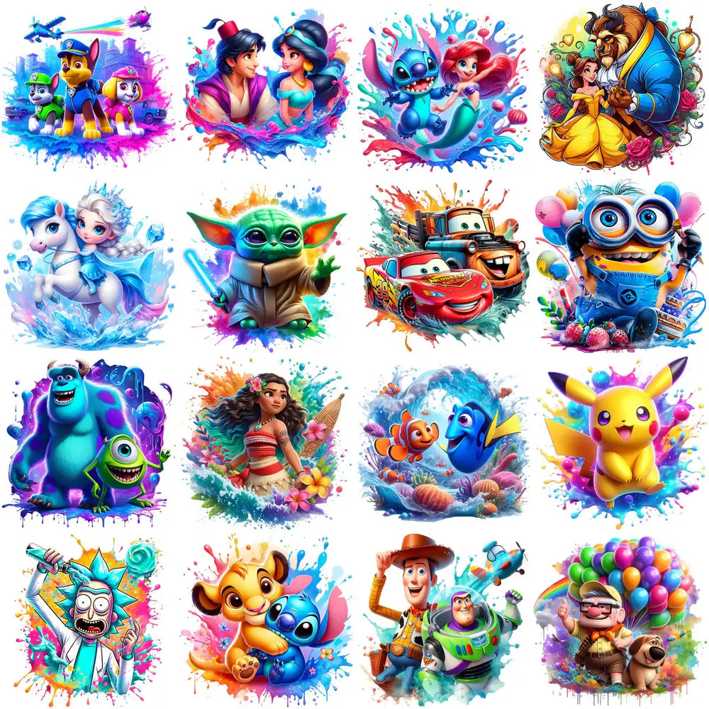 Vibrant cartoon character designs for DTF/DTG, embroidery, and tumbler wraps with colorful splashes