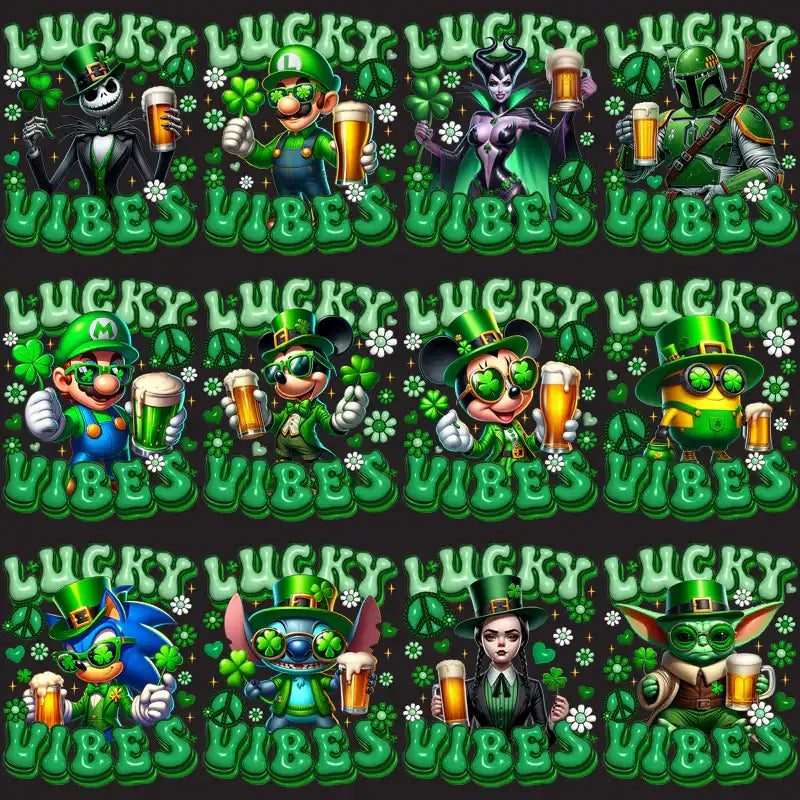 Lucky Vibes St. Patrick’s Day designs with pop culture characters in green, holding beer, shamrocks, and peace signs