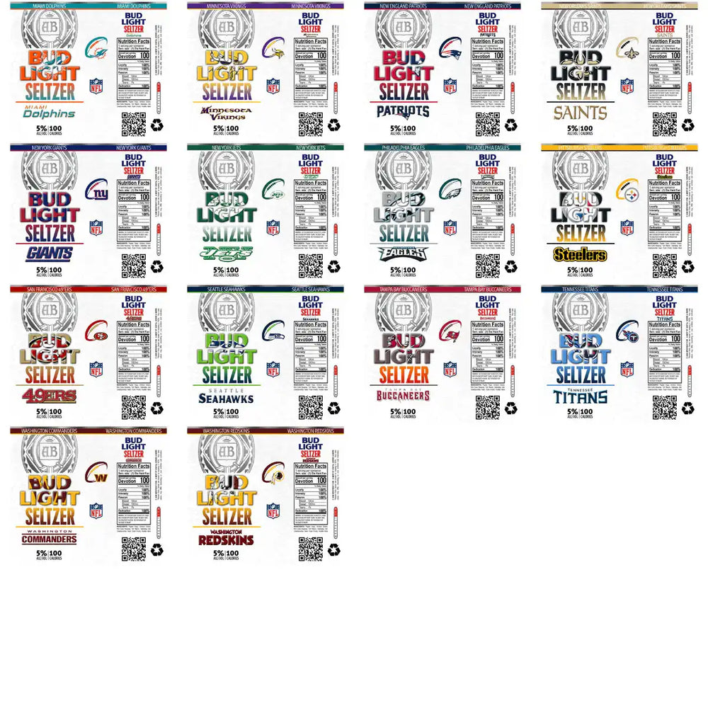 NFL team Bud Light Seltzer labels for print, featuring logos like Dolphins, Patriots, Steelers, and more.