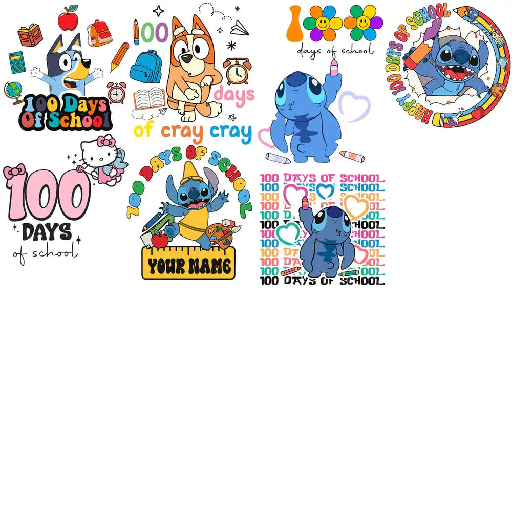 100 Days of School designs with Stitch, Bluey, Hello Kitty, print-ready PNG SVG for DTG DTF