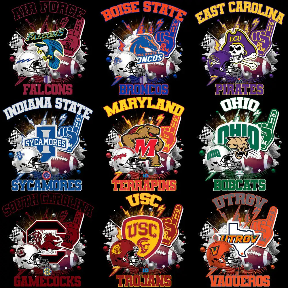 College football team designs for DTF/DTG, embroidery, and tumbler wraps with helmets and mascots