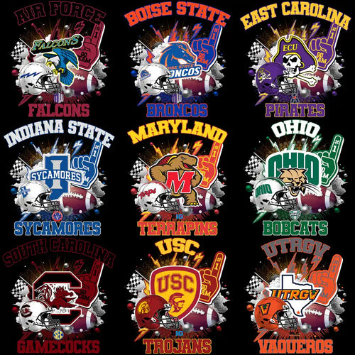 College football team designs for DTF/DTG, embroidery, and tumbler wraps with helmets and mascots