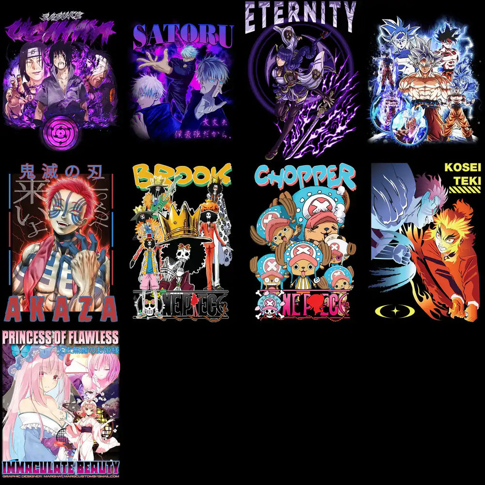 Anime character designs for DTF/DTG prints, featuring popular series like One Piece and Dragon Ball.