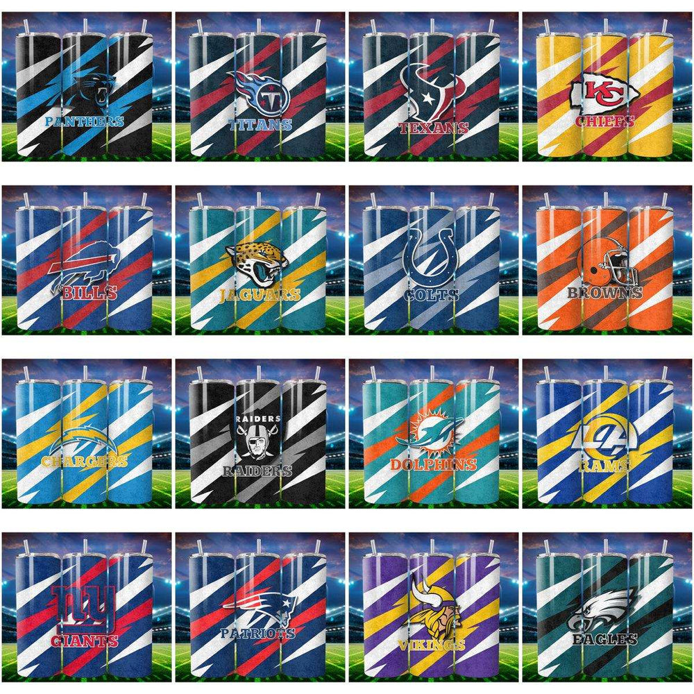 NFL team tumbler wrap designs with bold stripes and logos for DTF, DTG, embroidery