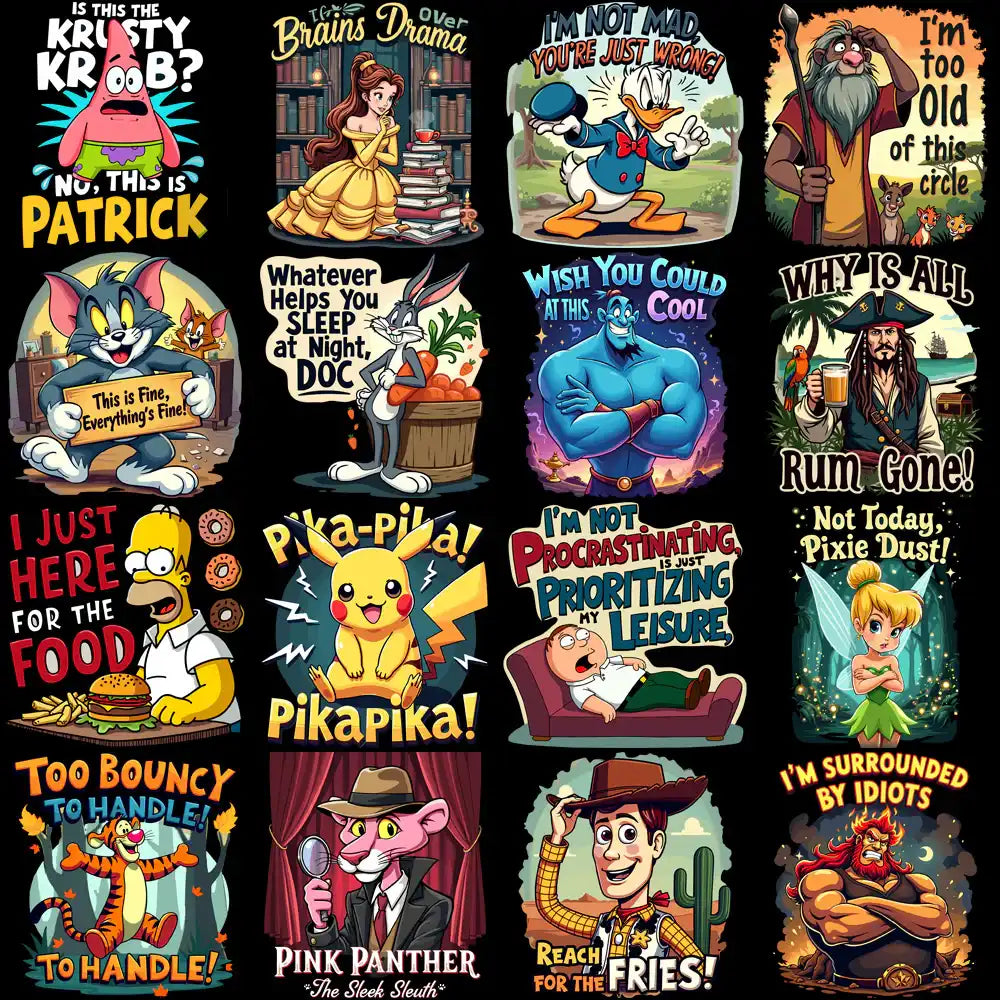 Funny cartoon character designs for t-shirts, including Patrick, Donald Duck, Tinkerbell, and Pikachu with humorous quotes