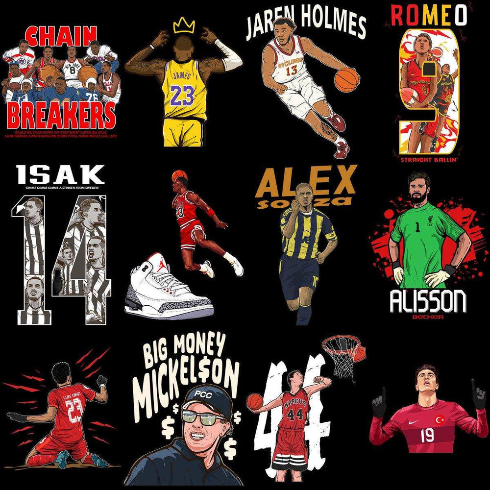 Basketball and soccer player designs, including jerseys, sneakers, and action poses for print-ready bundles.