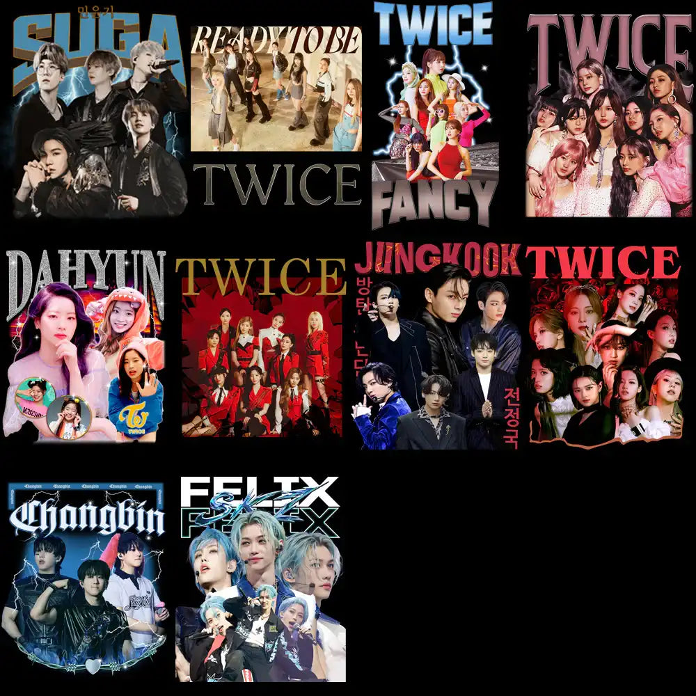 K-pop group collage featuring TWICE, BTS, Stray Kids, and more for DTF/DTG print designs