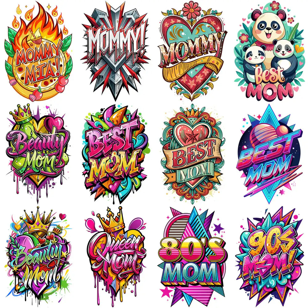 Vibrant 'Mom' designs for DTF, DTG, embroidery—perfect for t-shirts, gifts. Print-ready PNG, SVG, PES.