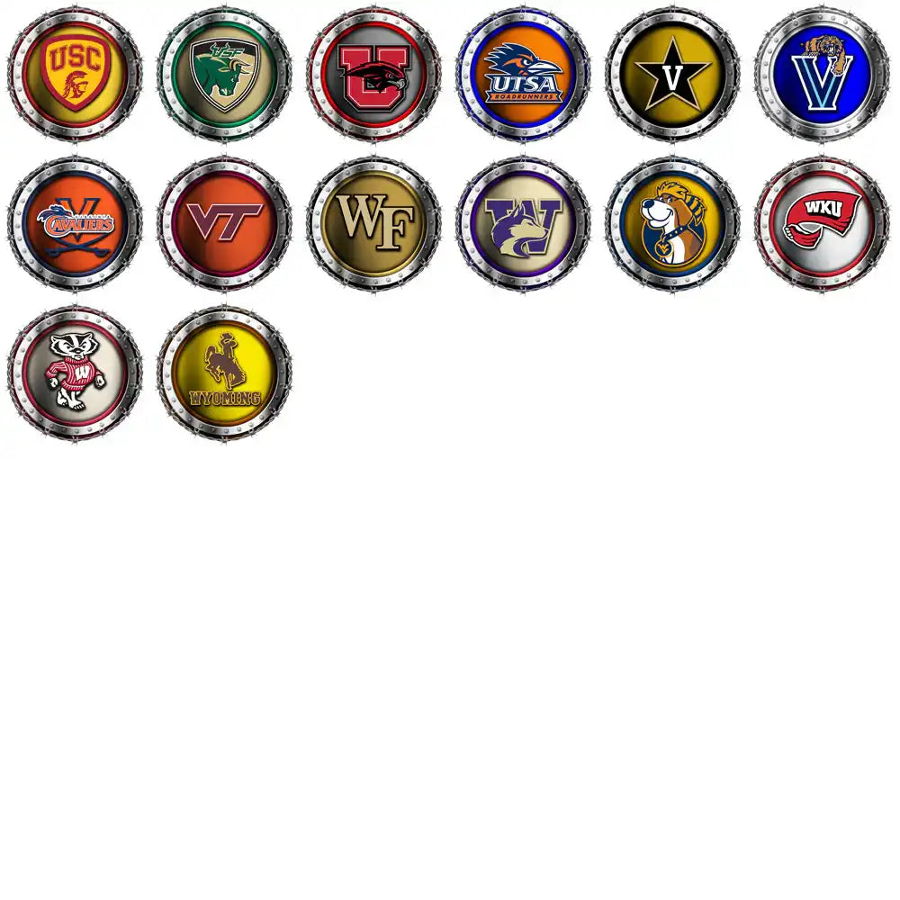College sports team logos in metallic circular designs for DTF/DTG and embroidery projects