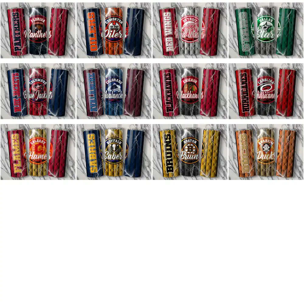 NHL team tumbler wrap designs for DTF/DTG printing, featuring logos like Panthers, Oilers, Red Wings, Stars, Blue Jackets, Avalanche, Blackhawks, Hurricanes, Flames, Sabres, Bruins, Ducks