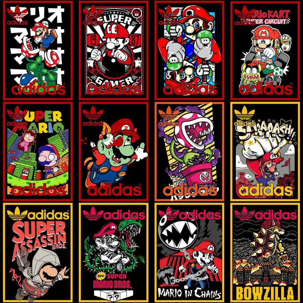 Adidas Super Mario themed graphic designs for t-shirts and apparel, featuring iconic characters and vibrant artwork.