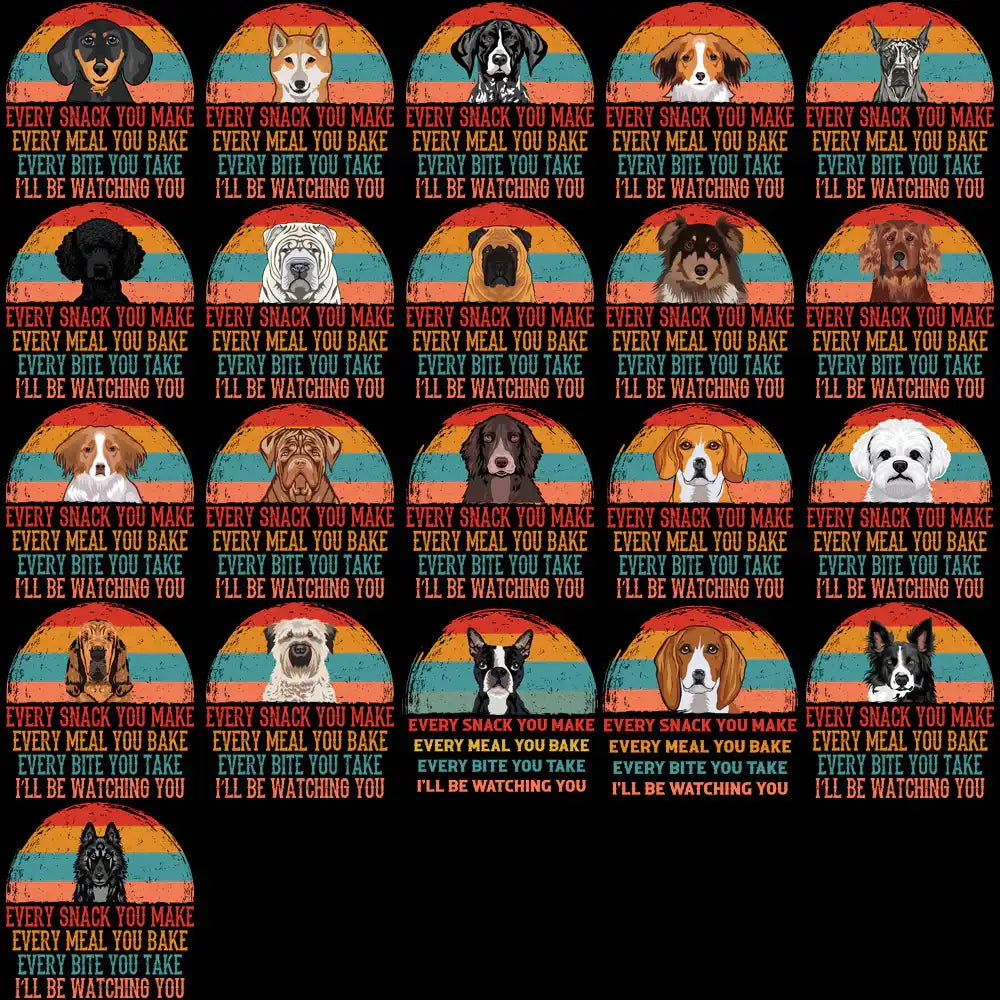 Dog designs with 'I'll be watching you' text, vintage sunset background, print-ready PNG SVG for DTG DTF