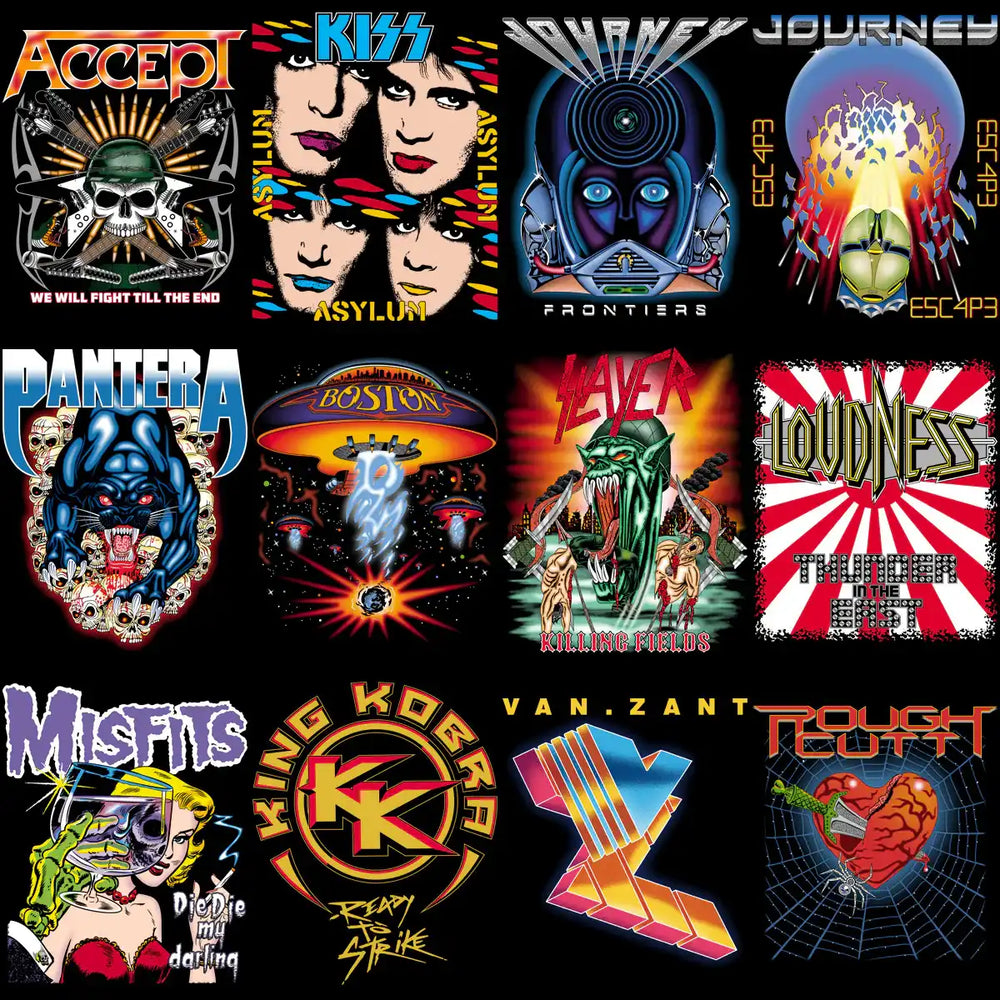 Rock band logos including KISS, Pantera, and Slayer for print-ready designs
