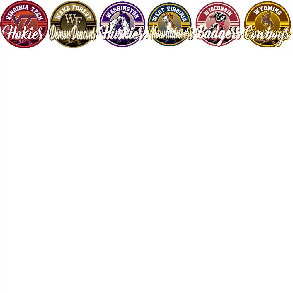 College sports team logos: Hokies, Demon Deacons, Huskies, Mountaineers, Badgers, Cowboys - print-ready designs
