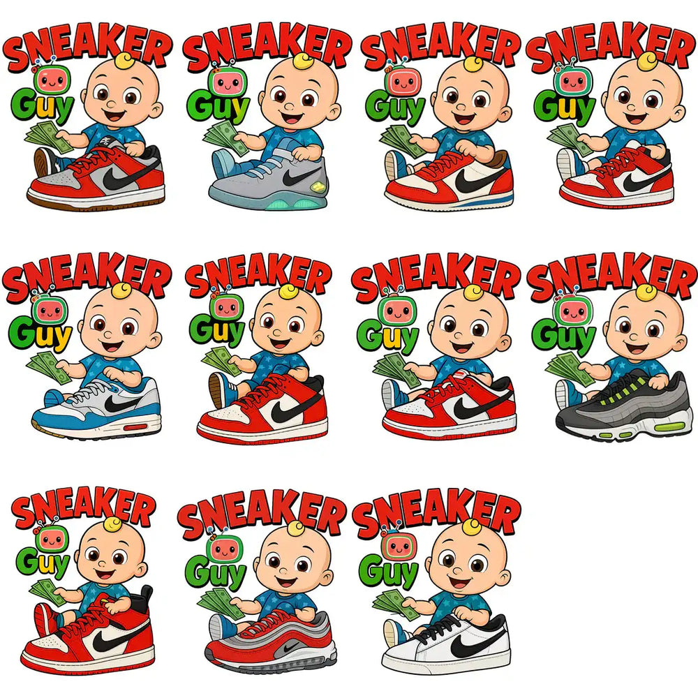 Sneaker Guy cartoon baby with money, sitting on various Nike sneakers, print-ready design bundle