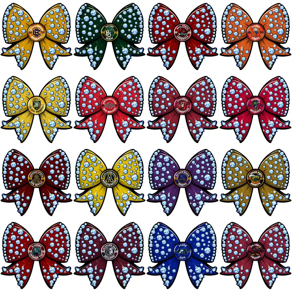 Sparkly rhinestone bow designs with college team logos, perfect for DTF, DTG, or embroidery projects.