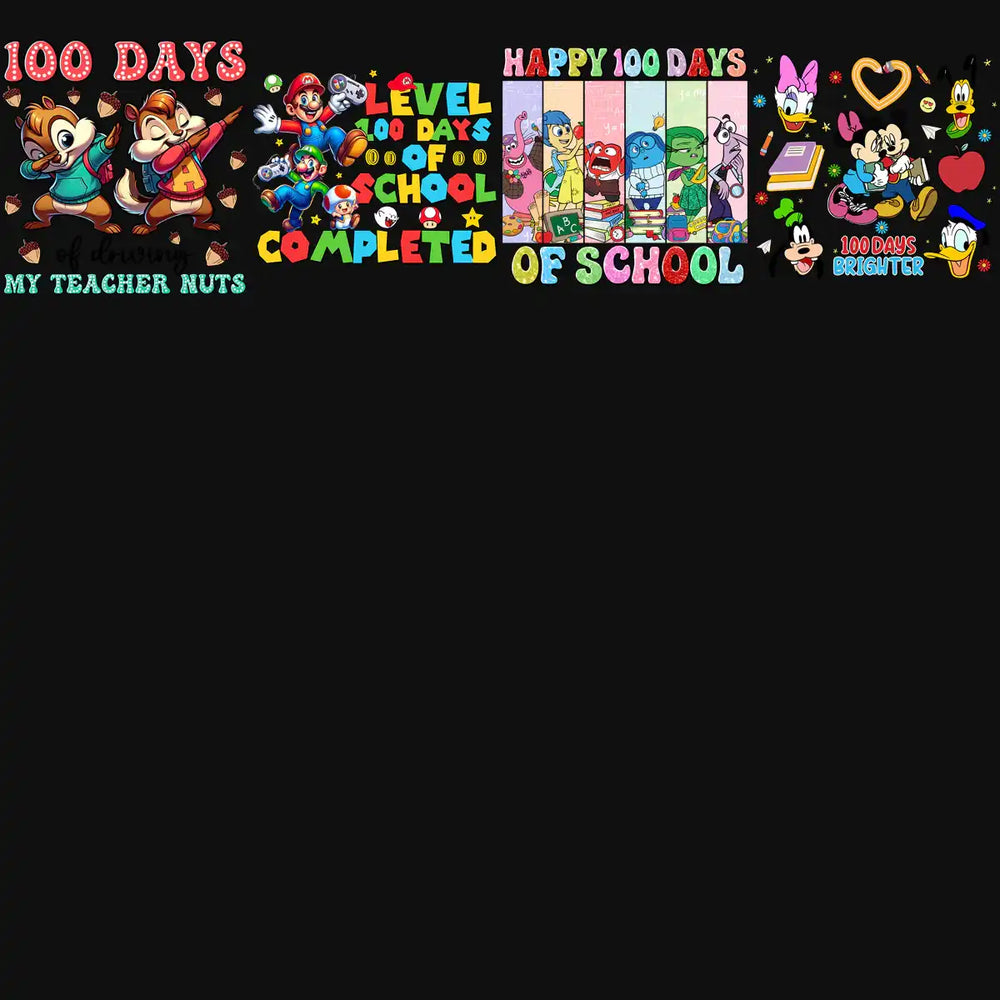 100 Days of School Designs with Mario, Chipmunks, Disney Characters, and Colorful Text