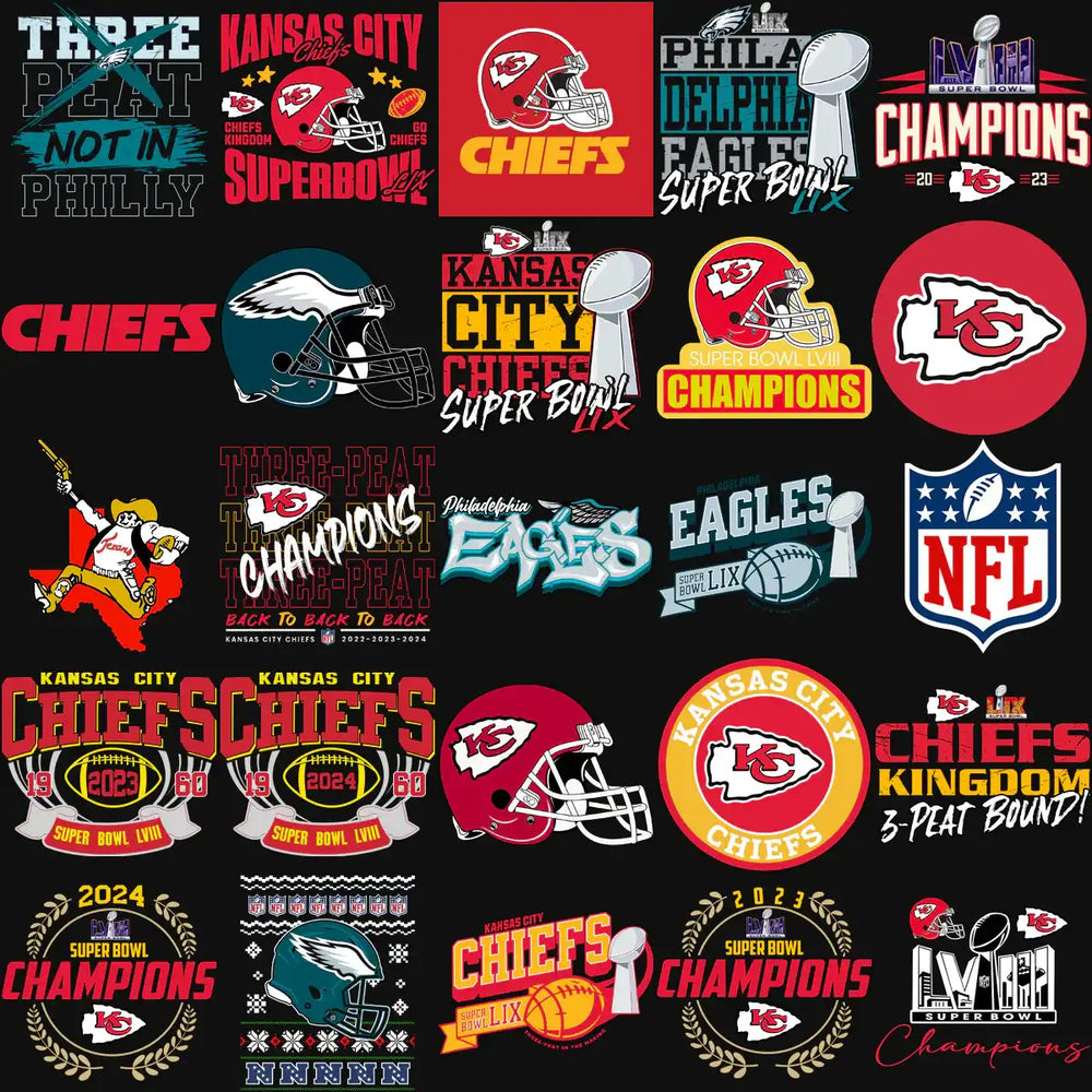 Kansas City Chiefs & Philadelphia Eagles Super Bowl LVII & LIX champion designs, helmets, logos, NFL graphics for DTG, DTF, embroidery
