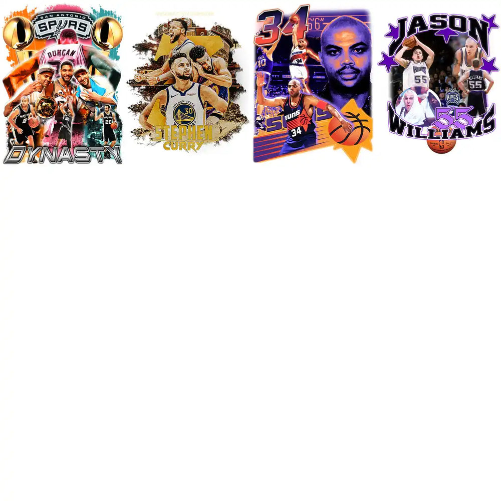 Basketball player designs for DTF/DTG, embroidery, and tumbler wraps featuring team dynasties and star athletes.