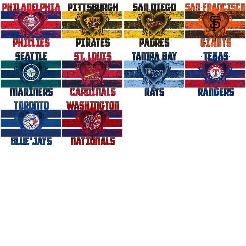 MLB team logos in heart designs with striped backgrounds for DTF/DTG and embroidery use