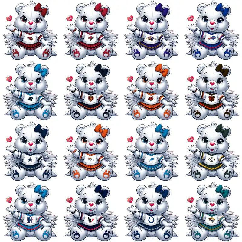 Cute angel bears in NFL team jerseys with bows and hearts, perfect for DTF/DTG designs