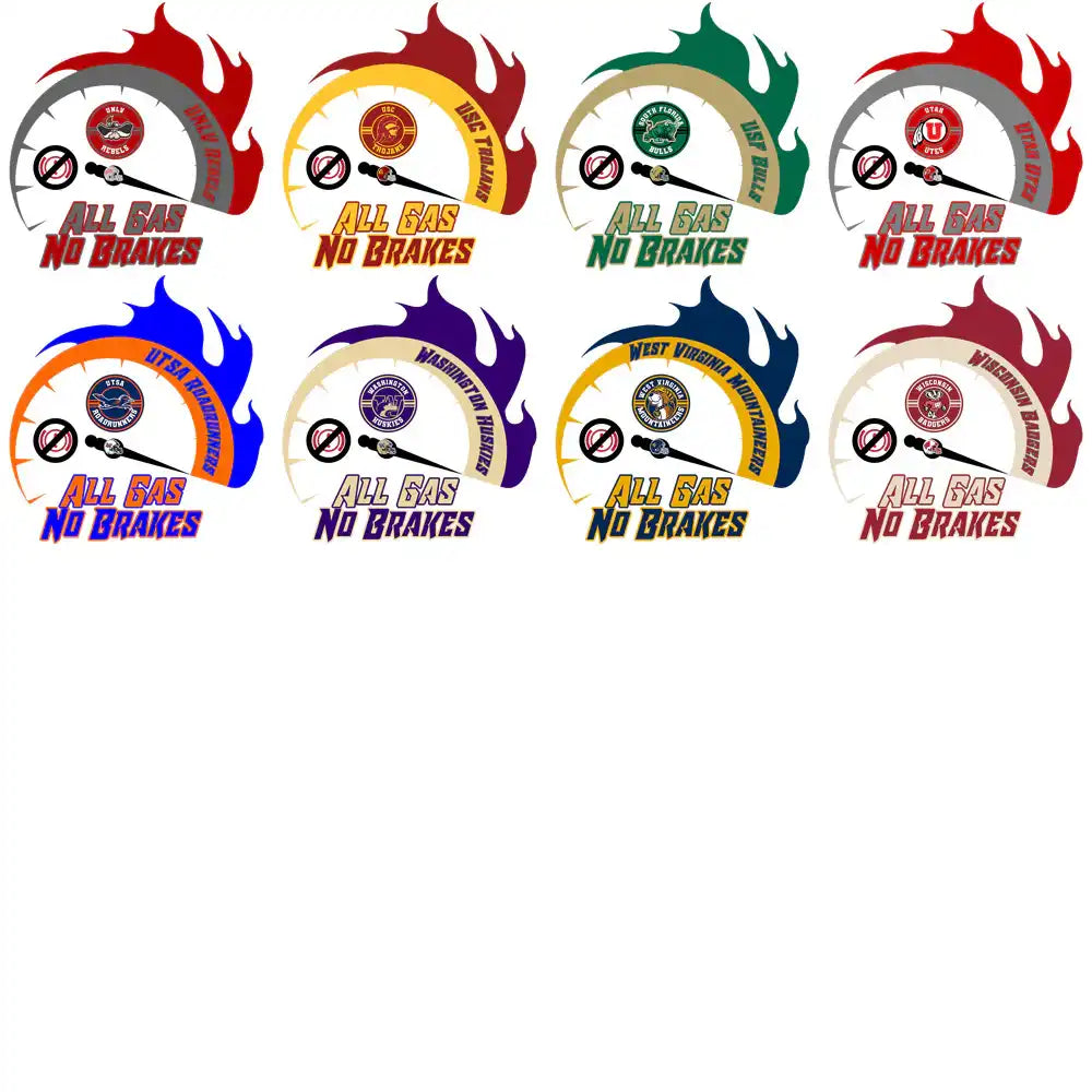 All Gas No Brakes speedometer designs with team logos and flame accents for DTF/DTG printing