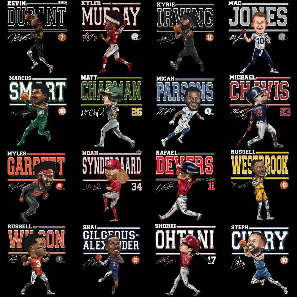 Cartoon athlete designs for DTF/DTG, embroidery, and tumbler wraps with player names and numbers