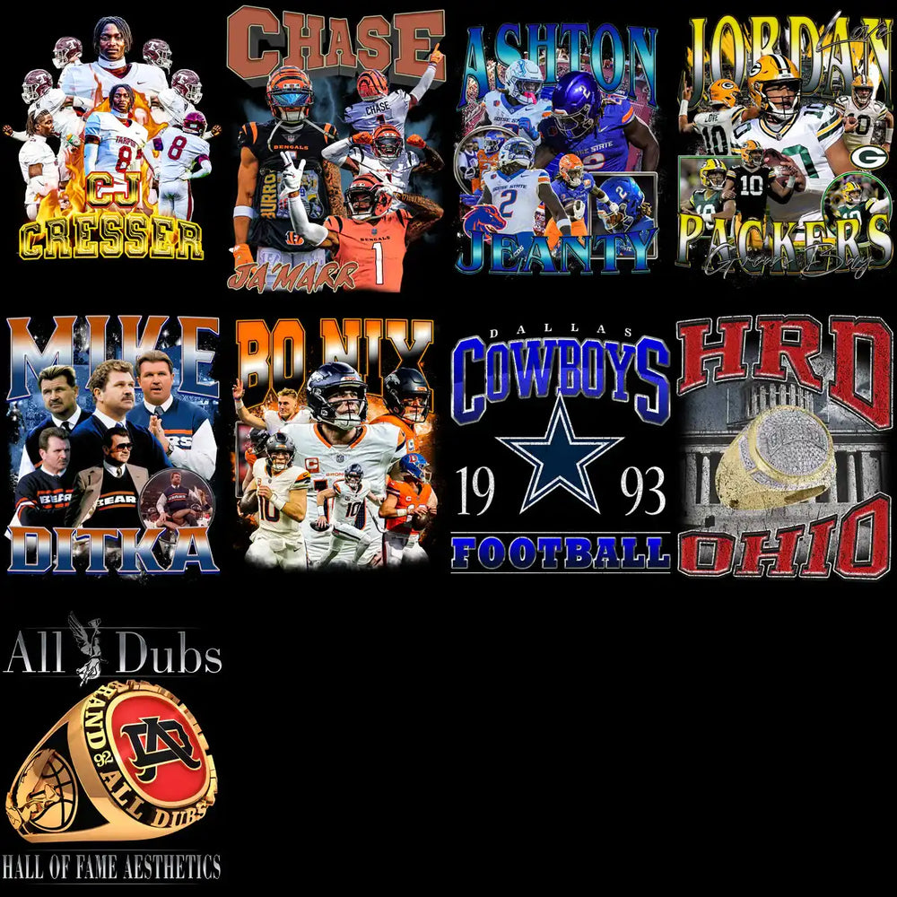 Football player designs for DTF/DTG, embroidery, and tumbler wraps with team logos and Hall of Fame aesthetics.