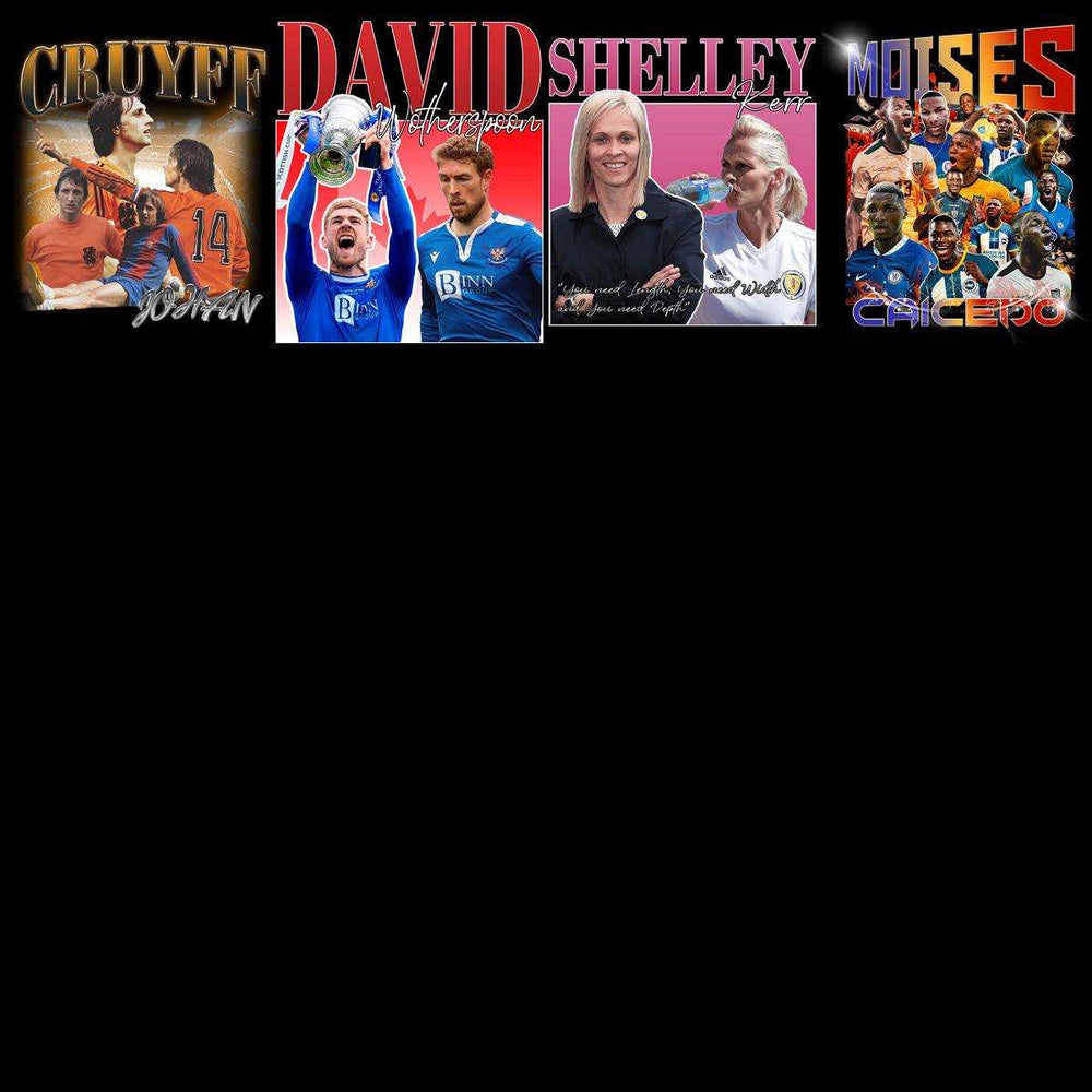 Football player designs for DTF/DTG, embroidery, and tumbler wraps with vibrant graphics and text overlays