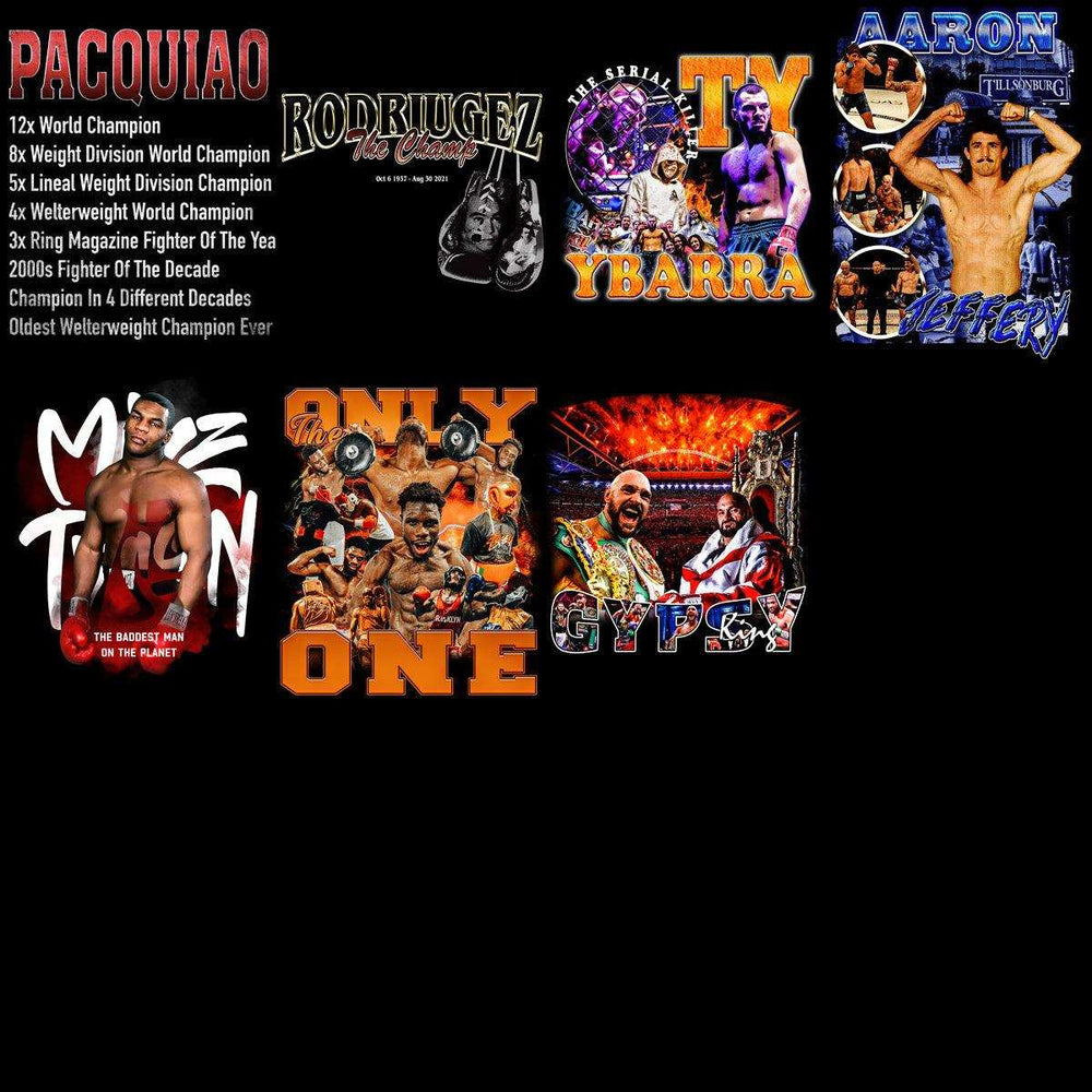 Boxing champion designs for DTF, DTG, embroidery — Pacquiao, Tyson, Ybarra, Gypsy King, more