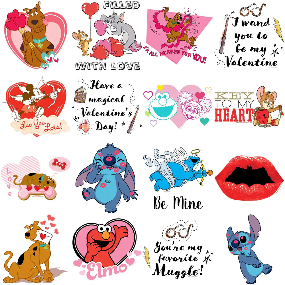 Valentine's Day designs featuring Scooby-Doo, Stitch, Elmo, and more with hearts and love themes