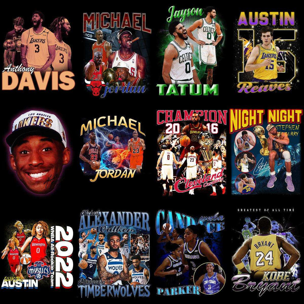 Basketball player designs for DTF, DTG, embroidery — Michael Jordan, Kobe Bryant, Steph Curry, LeBron James, WNBA stars