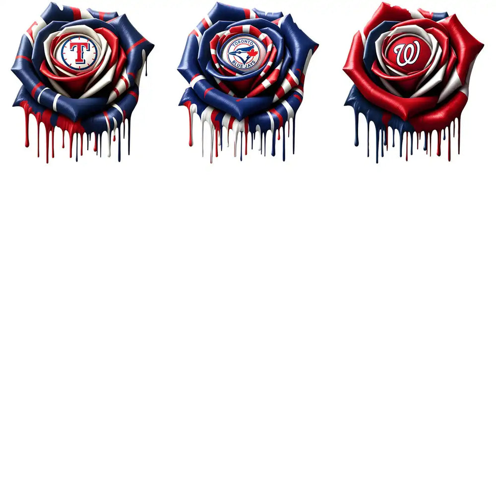 Baseball team logo roses with dripping paint in red, white, and blue for DTF/DTG designs
