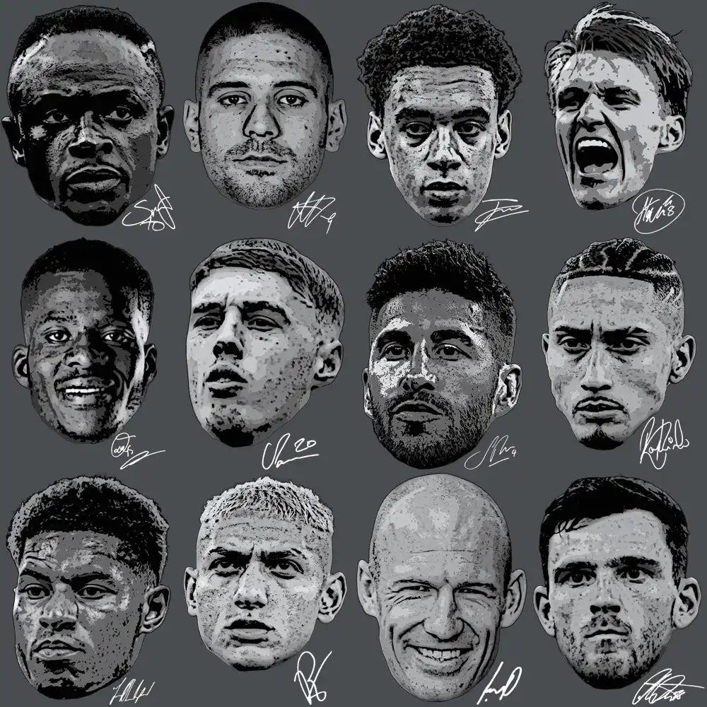 Print-ready soccer player portraits with autographs for DTF/DTG and embroidery designs
