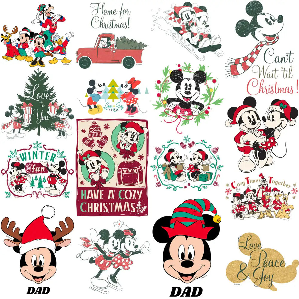 Mickey Mouse Christmas designs with festive themes, holiday phrases, and print-ready graphics for DTG, DTF, embroidery.