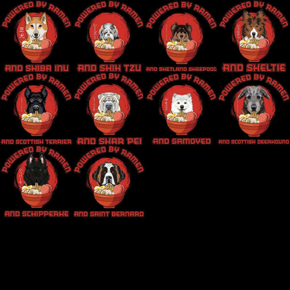 Dog breeds in ramen bowls, 'Powered by Ramen' designs for DTG, DTF, embroidery