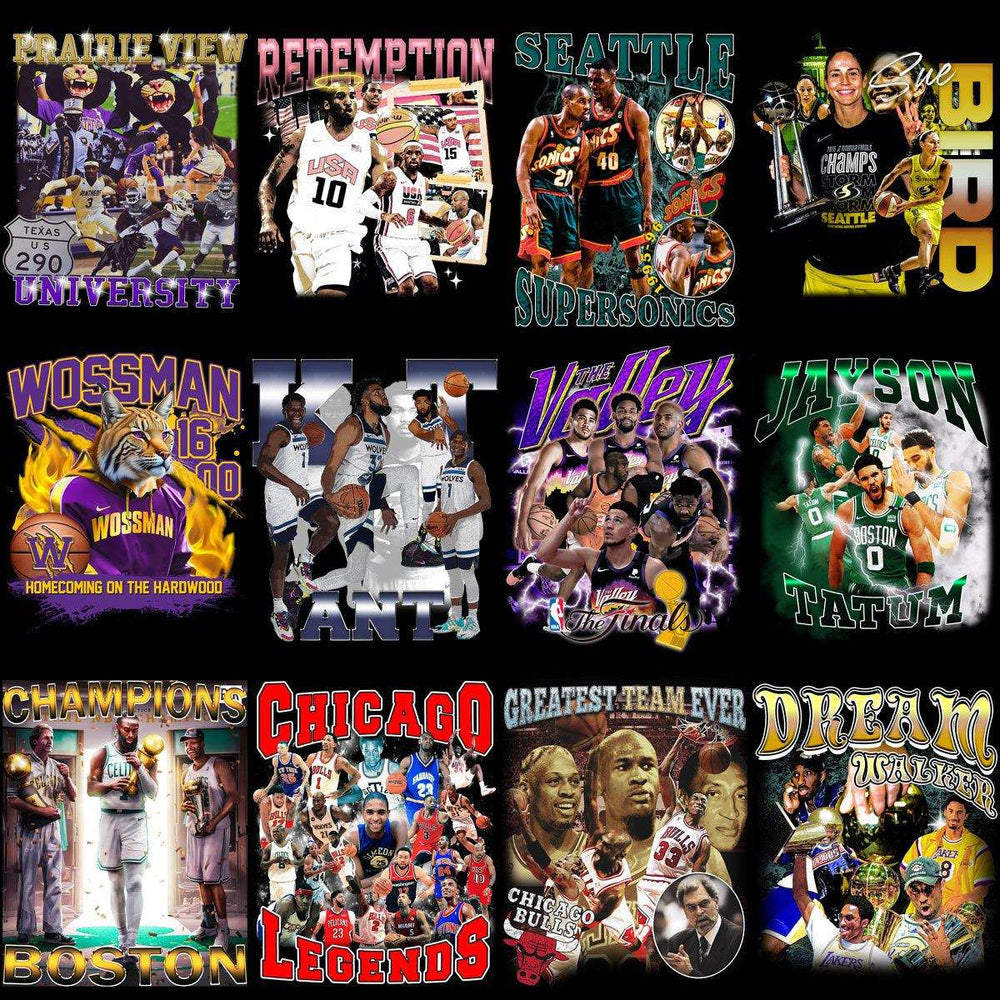Basketball-themed designs for DTF/DTG, embroidery, and tumbler wraps featuring teams, legends, and champions.