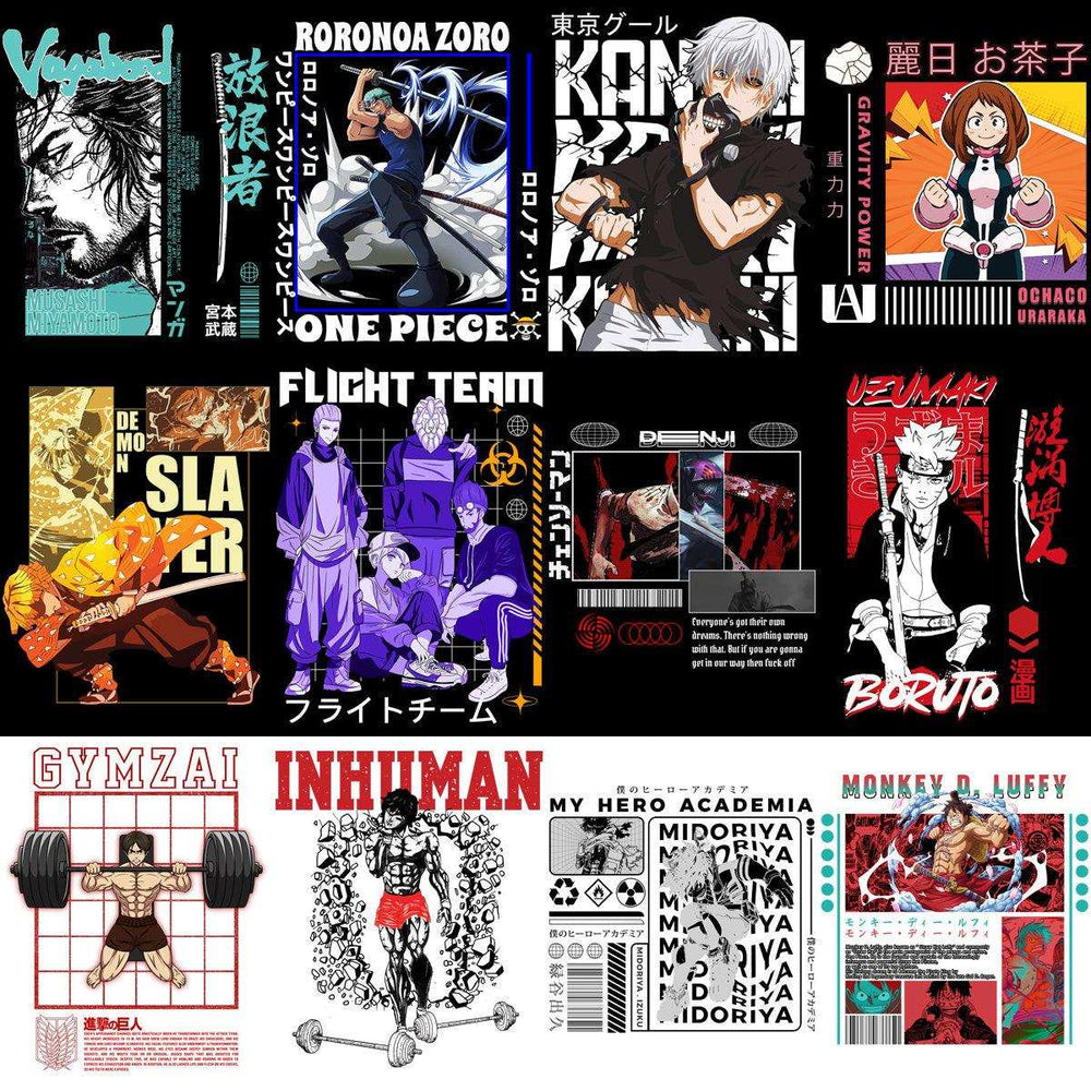 Anime character designs for DTF/DTG prints, featuring One Piece, Boruto, My Hero Academia, and more.