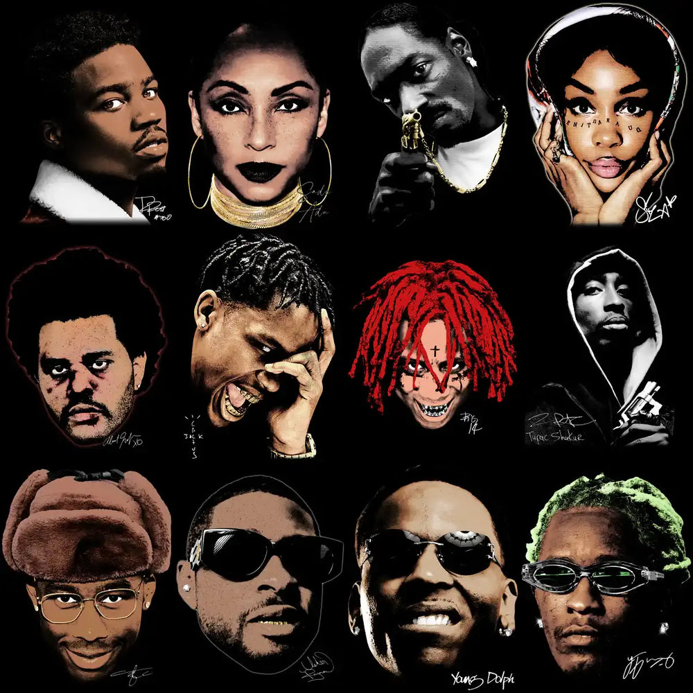 Print-ready celebrity portraits for DTF/DTG and embroidery designs, featuring iconic artists in bold styles.