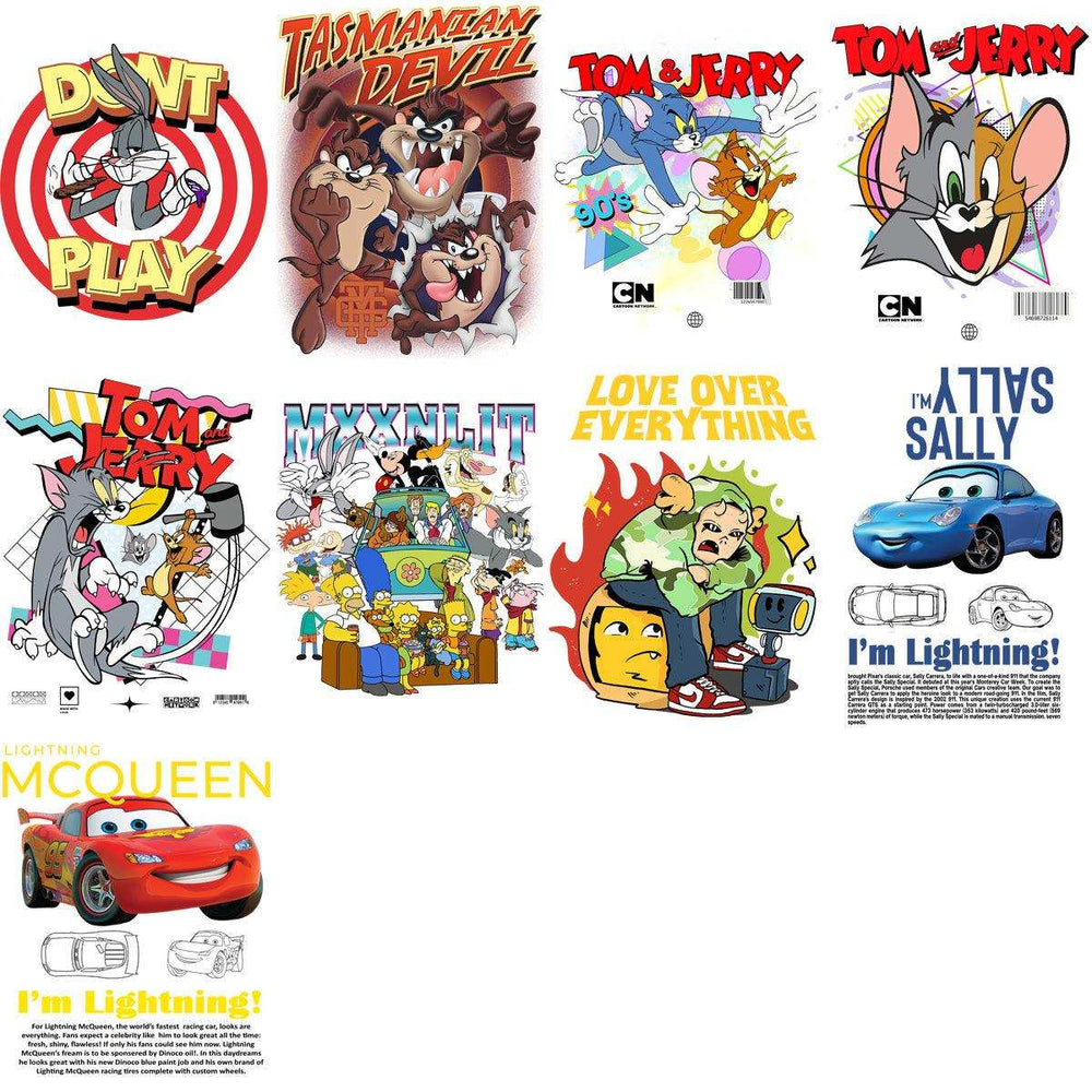 Cartoon designs featuring Bugs Bunny, Tasmanian Devil, Tom & Jerry, and Lightning McQueen for print-ready use.