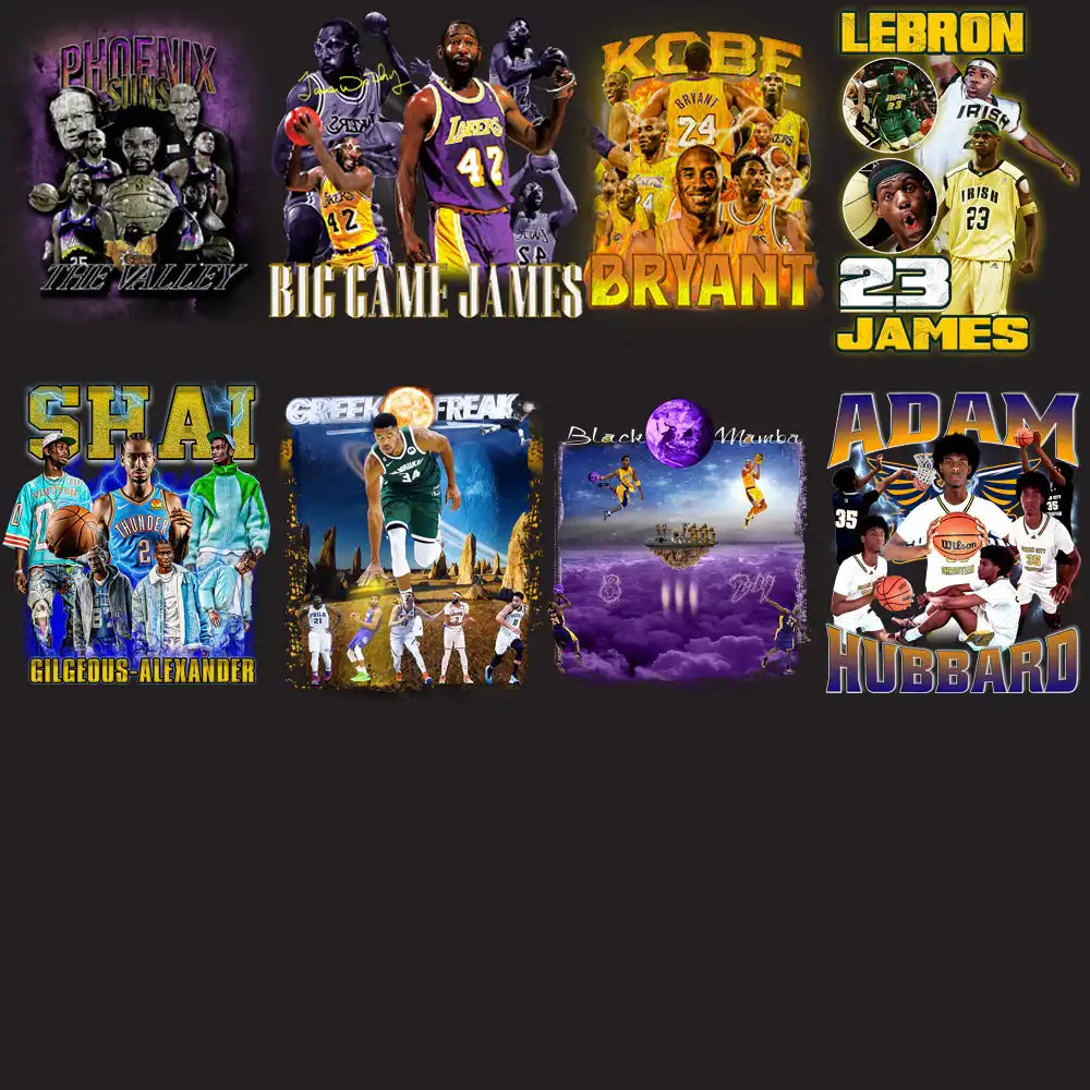 Basketball player designs for DTF DTG printing, featuring NBA stars like LeBron, Kobe, and Shaq in vibrant graphics.