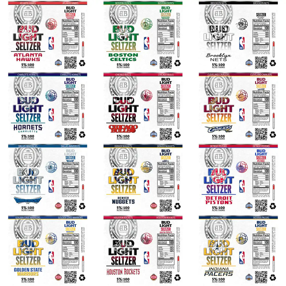 Bud Light Seltzer NBA team edition labels featuring logos of 12 teams for custom merchandise design.