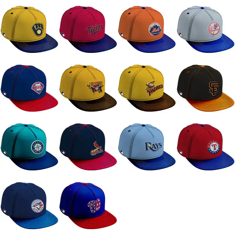 MLB team caps in vibrant colors, featuring logos for Twins, Mets, Yankees, Pirates, Padres, Giants, Blue Jays, Cardinals, Rays, Rangers, and Nationals.